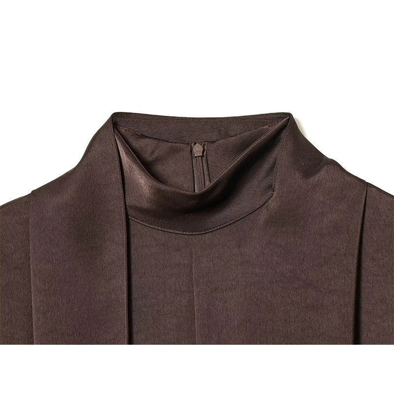 Feminino início da primavera moda meia gola alta cachecol streamer cetim textura mangas compridas vestido feminino estilo de rua vestido elegante ﻿