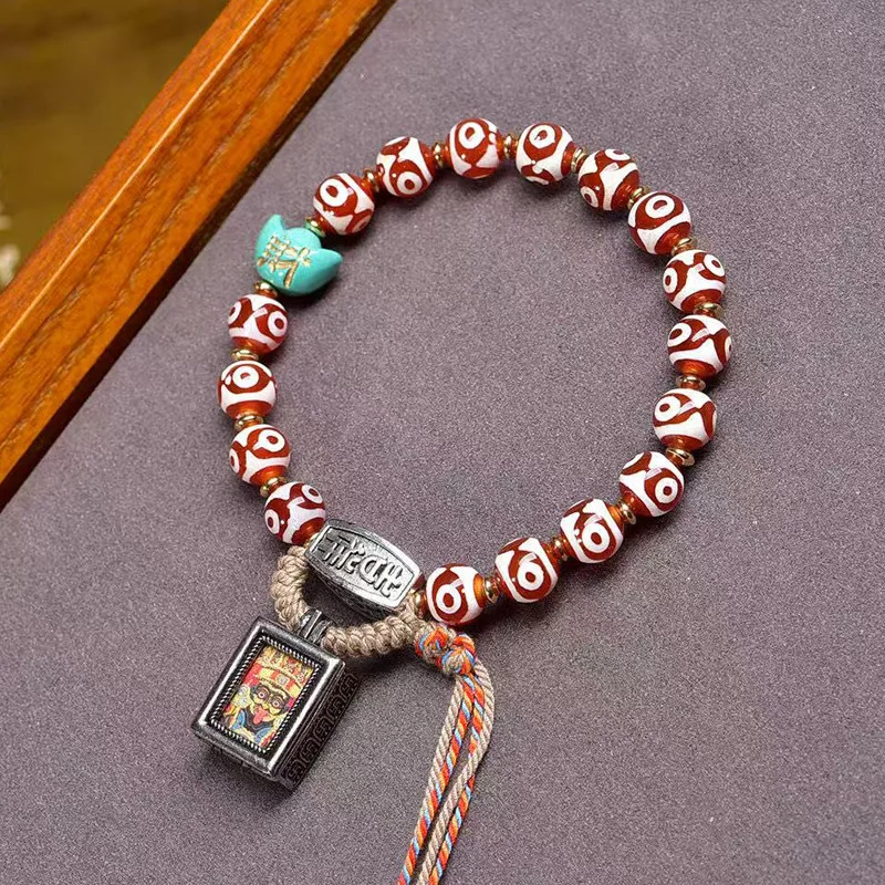 

Natural Buddha Eye Three-Eyed Heavenly Bead Bracelet Single-Strand Zaki Lhamo Thangka Pendant Agate and Turquoise