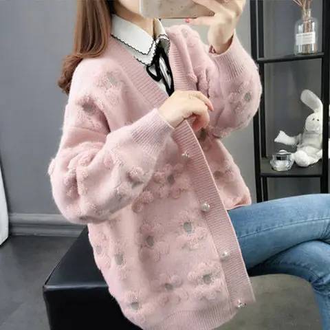 Internet Celebrity Knitted Cardigan Jacket for Women Loose Lantern Sleeves Lazy Style Top Knitted Sweater for Women