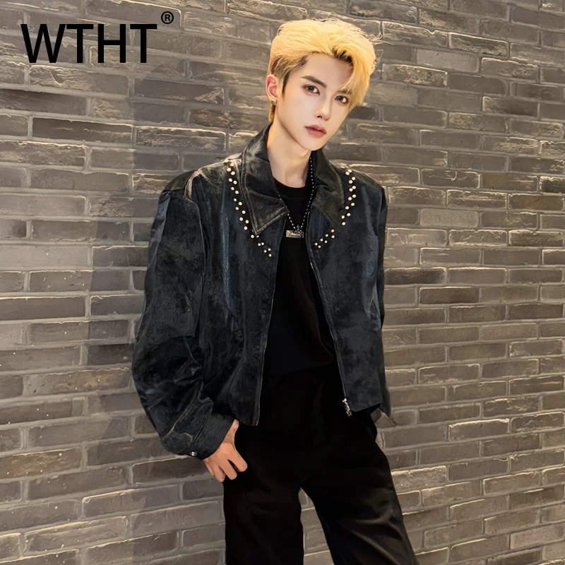 

WTHT Fashion Men‘s Spliced Rivets Leather Design Coats Trendy 2025 Autumn High Street Long Sleeves Jackets Male 2A2135