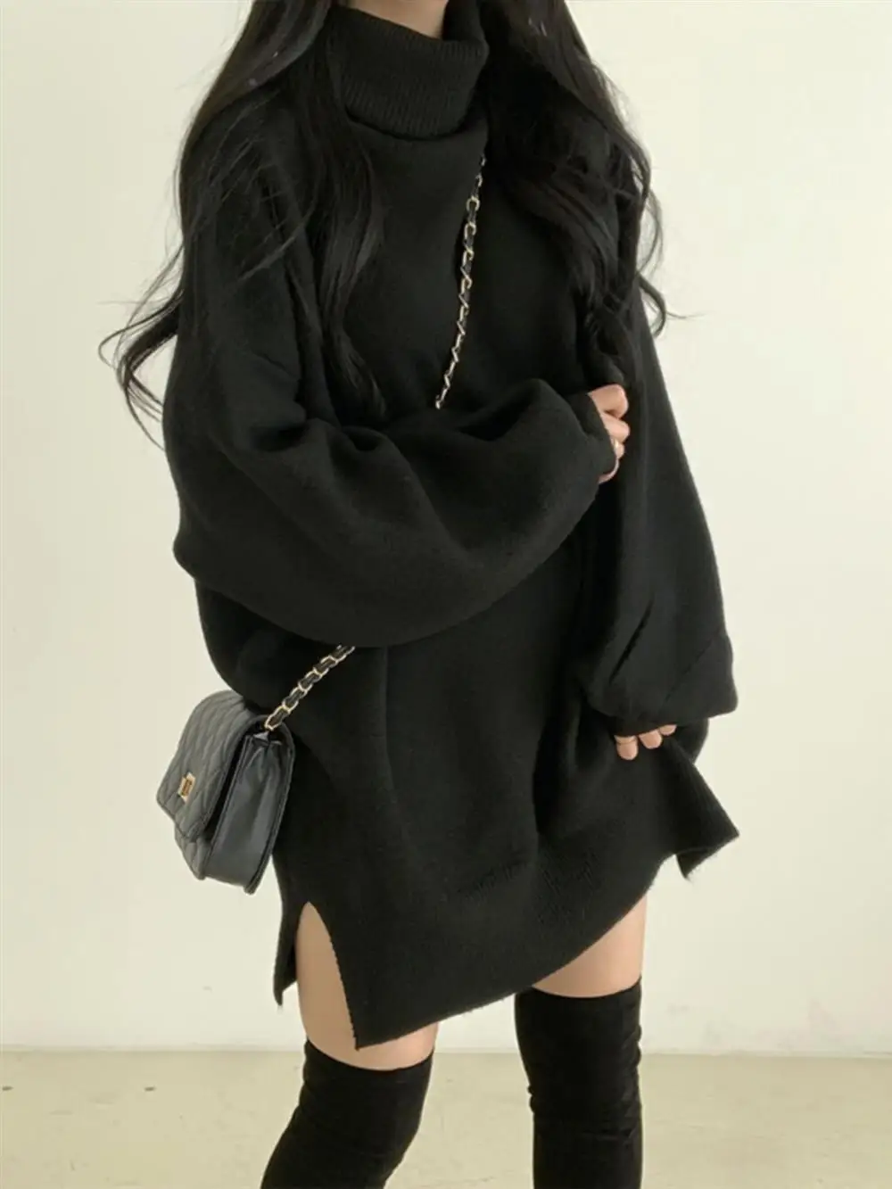 

Laid-ba Sle Bla вязаный свитер с высоким воротником, женский осенне-зимний длинный европейский топ больших размеров