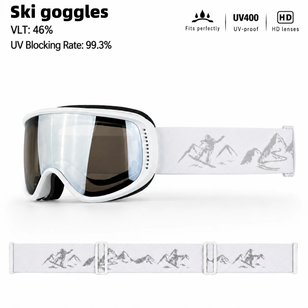 HD Anti-Fog Ski Goggles, Snow Mountain Embroidery Adjustable Strap, Unisex Ski Eyewear for Indoor and Outdoor Skiing Sports