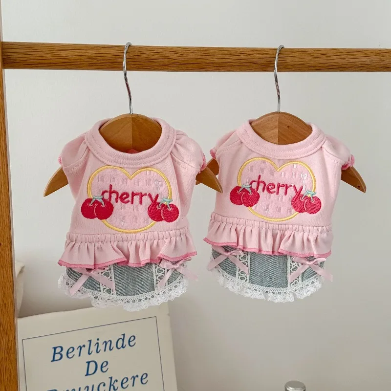 

Cute Pet Cherry Lace Clothes Dress Cat Embroidery Cowboy Princess Dress Bottom Tank Top Dog Clothes for Small Dogs