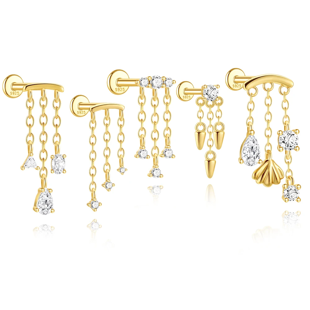 Aide S925 Sterling Silver Tassel Threaded Piercing Earrings Stylish Zircon Dangle Cartilage Ear Studs Earrings Jewelry for Women