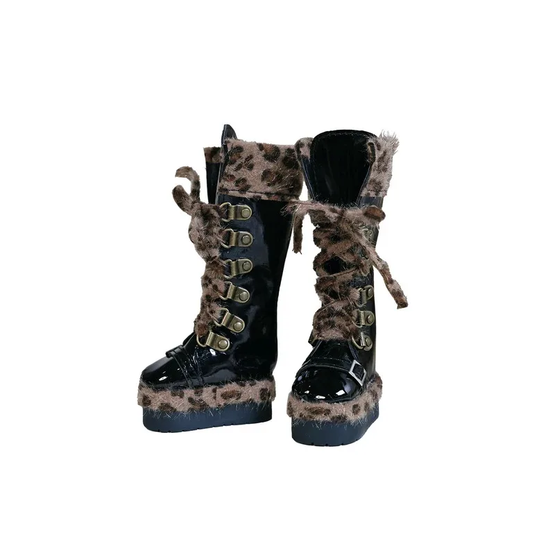 Shuga Fairy Bjd 1/4 Shoes Fits Bariy Flat Heel Fashion Leather Boots With Leopard Print High-top WX4-381 Bjd Doll Accessories