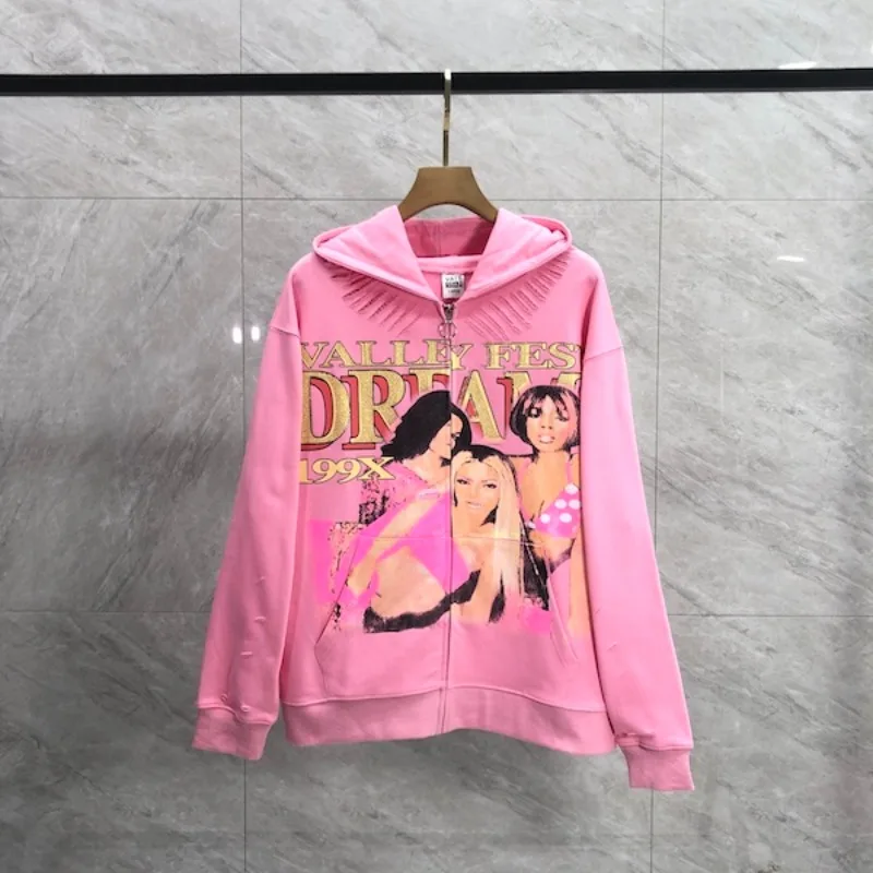 High-quality Portrait Letter Embossed Drilled Perforated Hooded for Men Women Loose Casual Zipper Cardigan Sweatshirt