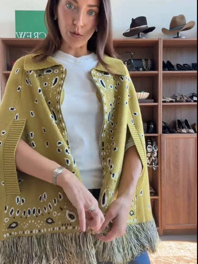 Womens Mustard Green Knit Cape Crochet Tassel Hem Loose Fit Shawl Spring Fall Beach Vacation Daily Trendy 2026 Winter Wear