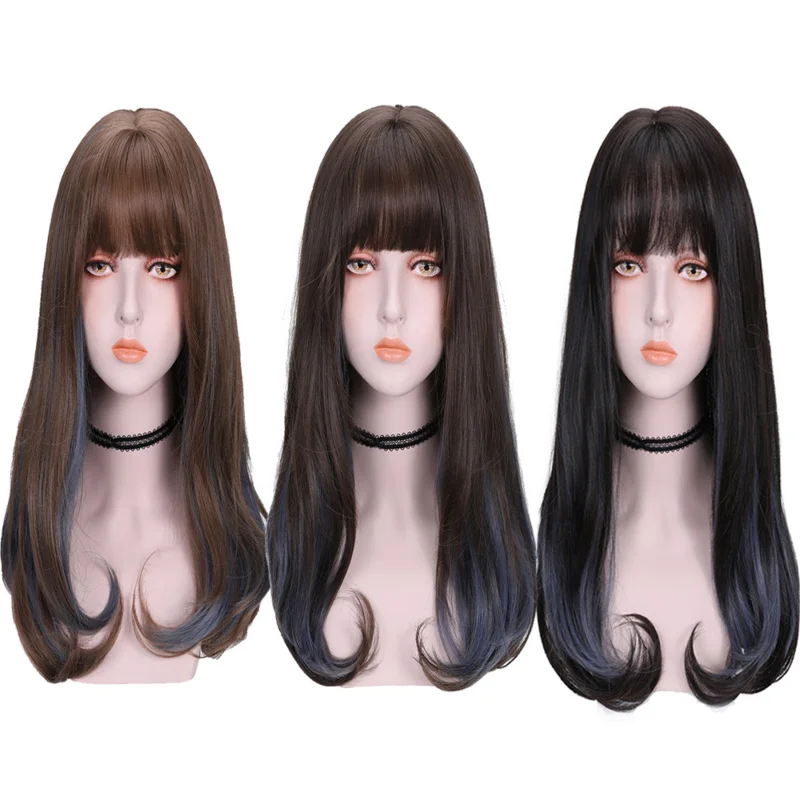 

Women's long , full head cover, realistic curly hair with air bangs, large waves, Lolita wig, natural look