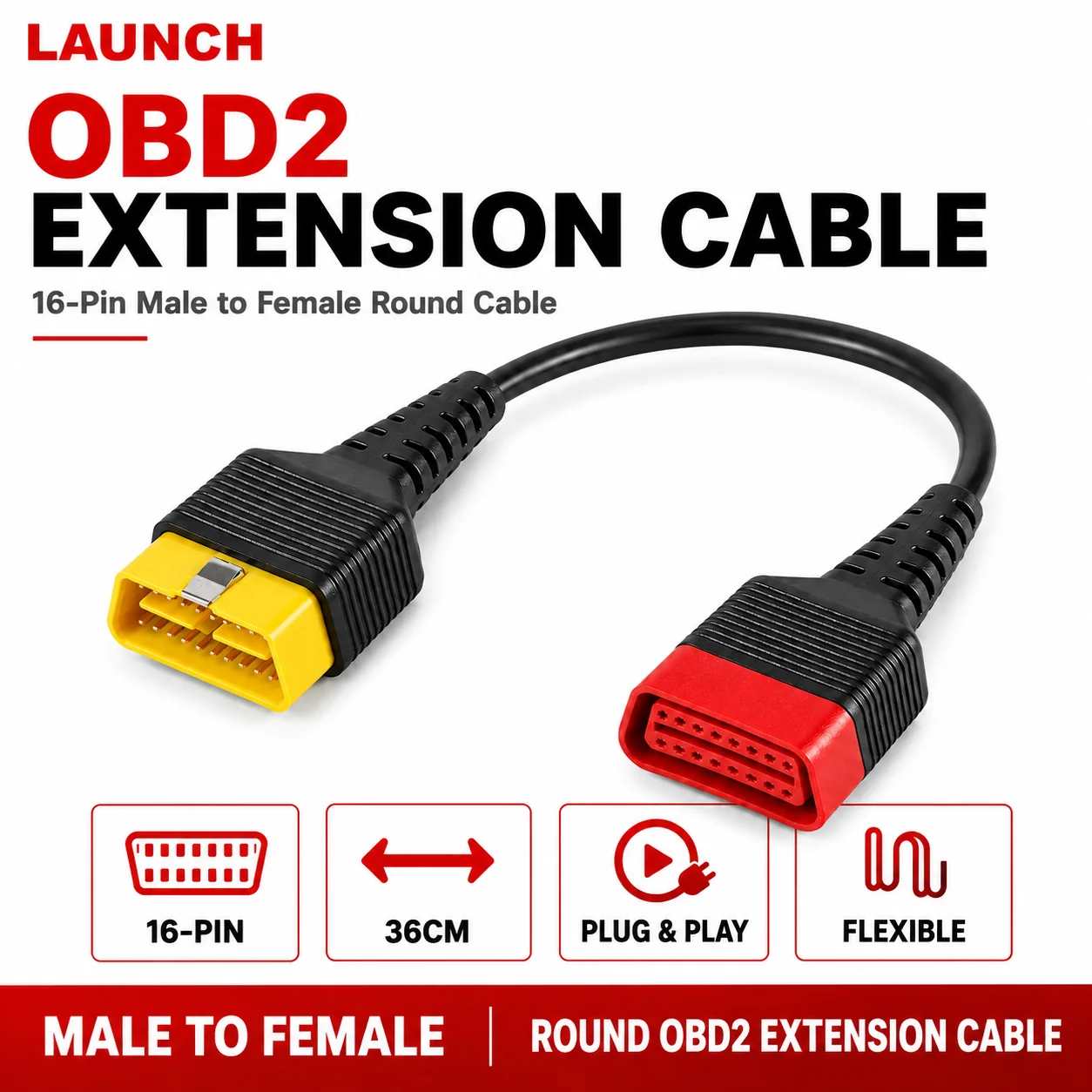 36CM OBD2 Extension Cable 16 Pin Male to Female OBDII Diagnostic Connector for Thinkdiag, Easydiag, ELM327 Scan Tools