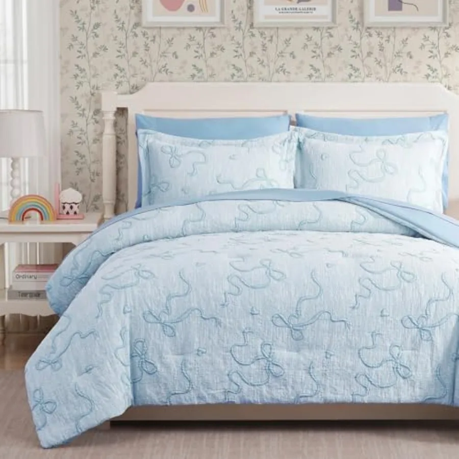 

Comforter Set for Girls- 7 Pieces Bowknot Jacquard Bed in A Bag Bedding Sets with Sheets, Pillowcases and Shams, All Season Com