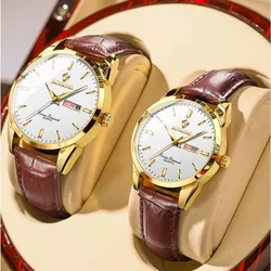 Montre-bracelet à quartz étanche avec bracelet en cuir pour hommes et femmes, horloge de couple, marque de luxe supérieure, calendrier masculin