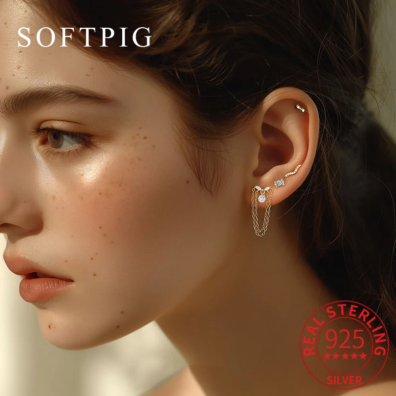 

SOFTPIG 1 Pcs Real 925 Sterling Silver Zircon Hollow Triangles Croissant Mini Stud Earrings for Women Trendy Fine Jewelry
