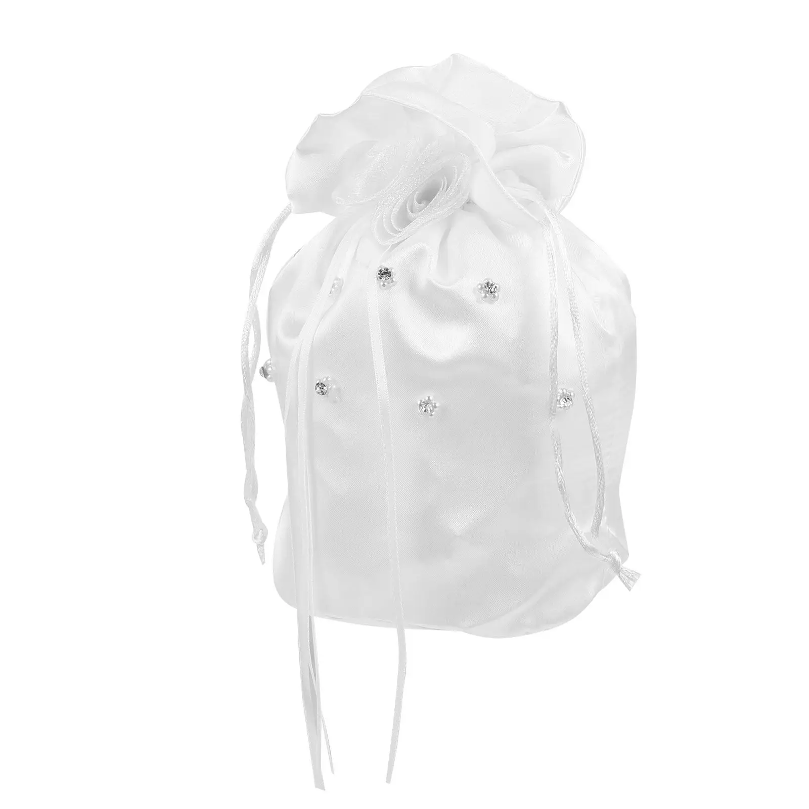 Premium Satin Bride Handbag with Rhinestone Flower Design Drawstring Wedding Bag for Gift Wrapping Party Favors Bridal Shower