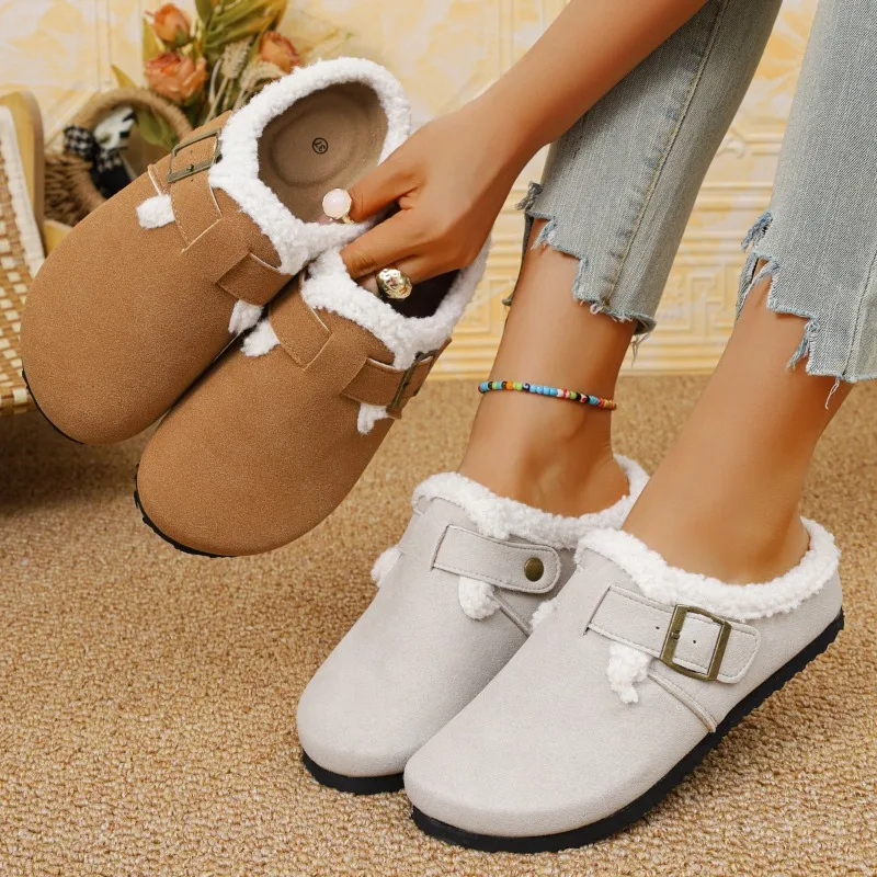 

2025 новые популярные зимние женские тапочки, плюшевые интерьерные противоскользящие модные теплые женские тапочки на плоской подошве с круглой головкой, женская женская обувь