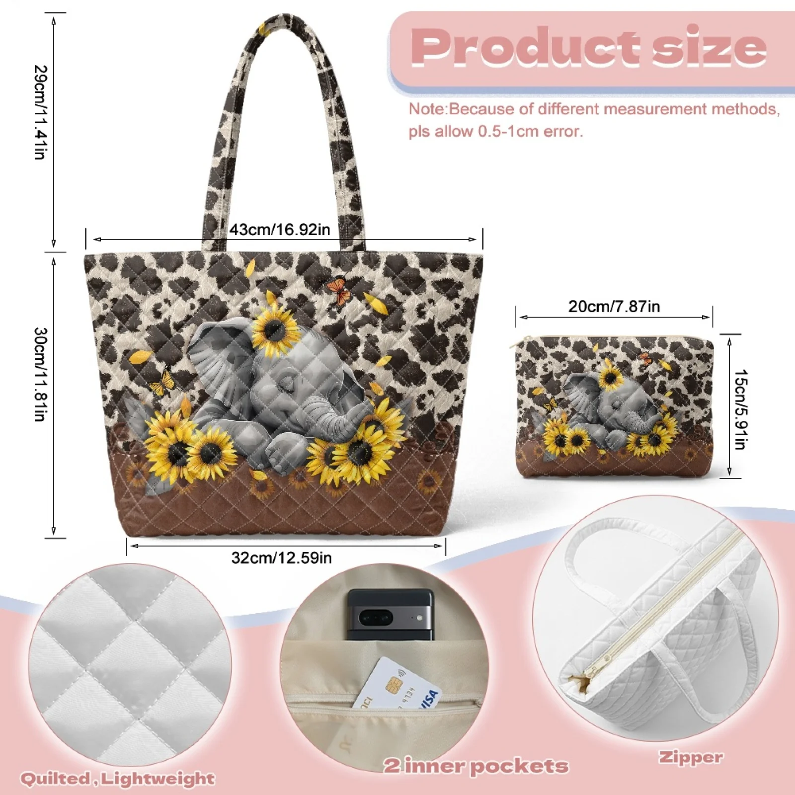 Coloranimal Floral Skull 2026 New 2 Piece Quilted Tote Bag with Wallet Casual Purses and Handbags Set