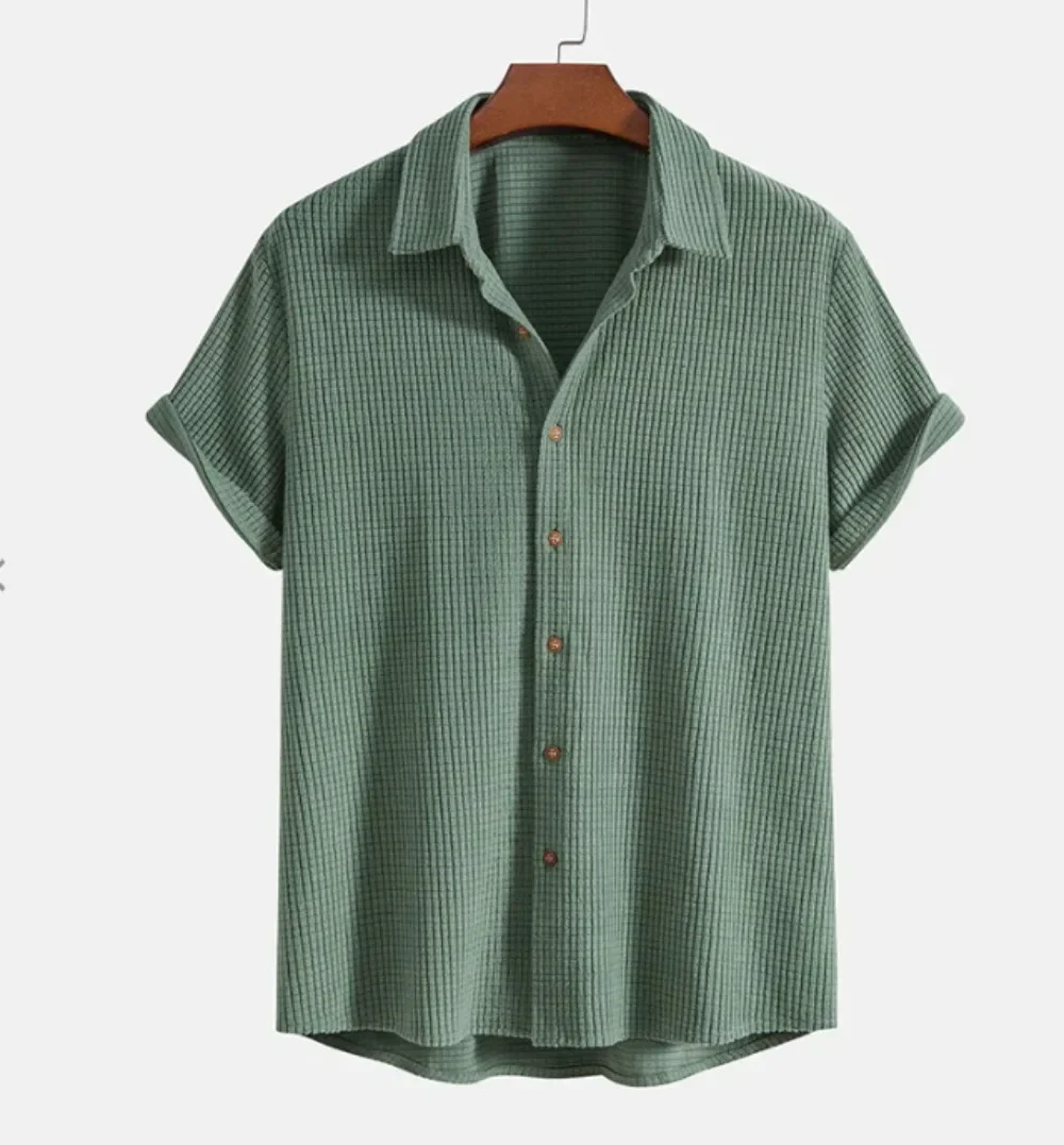New Men Fashion Hong Kong Style Tops Luxury Corduroy Plaid Short Sleeve Shirts Summer Casual Waffle Solid Color Pocket Blouse