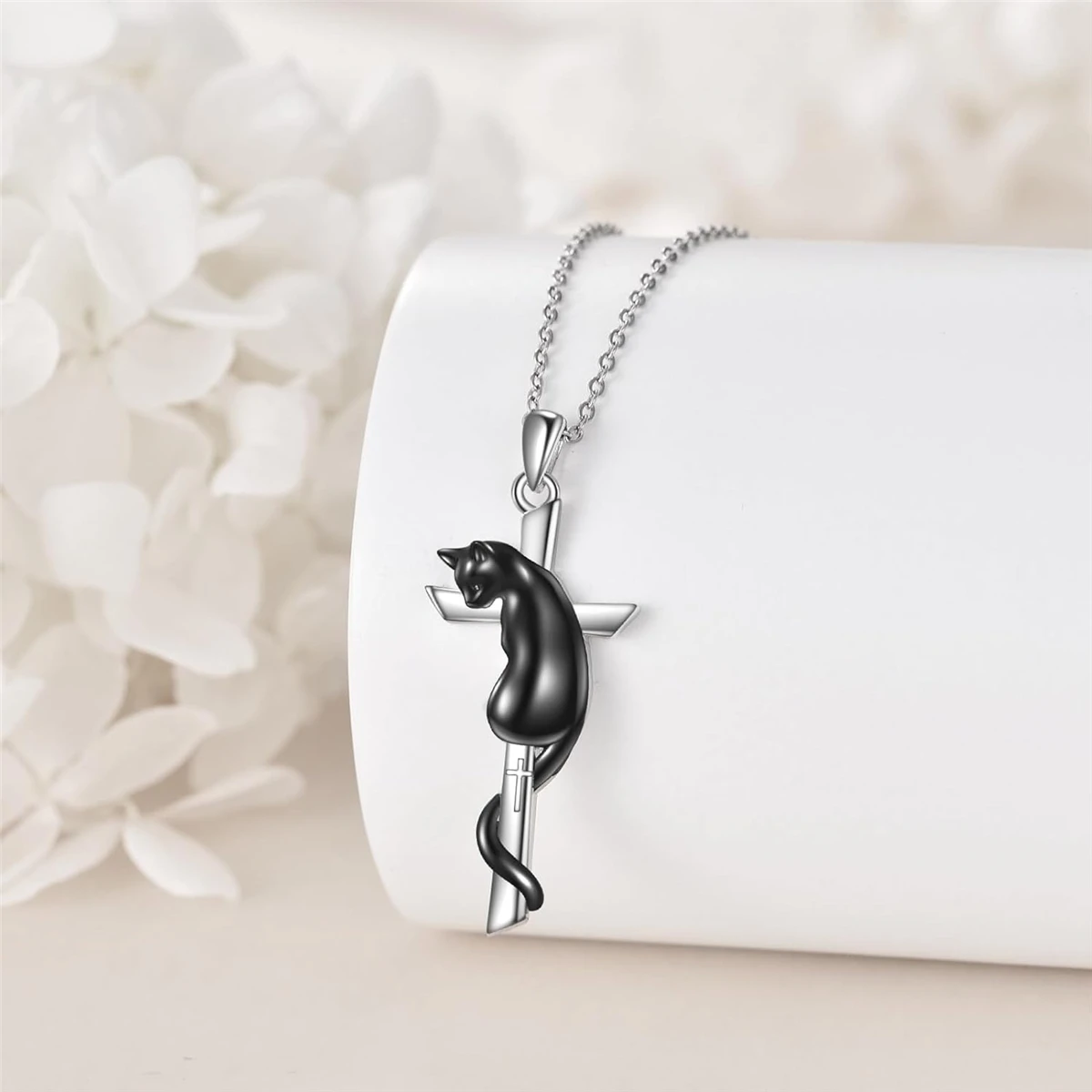 Exquisite Cool Black Cat Cross Pendant Men's and Women's Necklace Stainless Steel Chain Perfect Anniversary Party Gift Jewelry