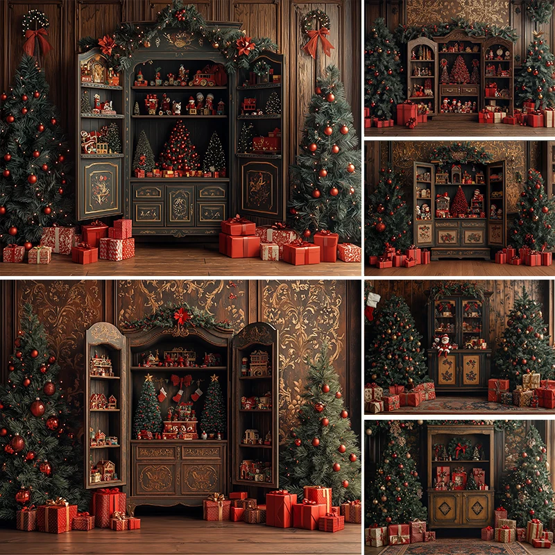 

LS Photography Background Christmas Wreath Cabinet Red Box Decoration Backdrop Family Children Holiday Party Prom Studio