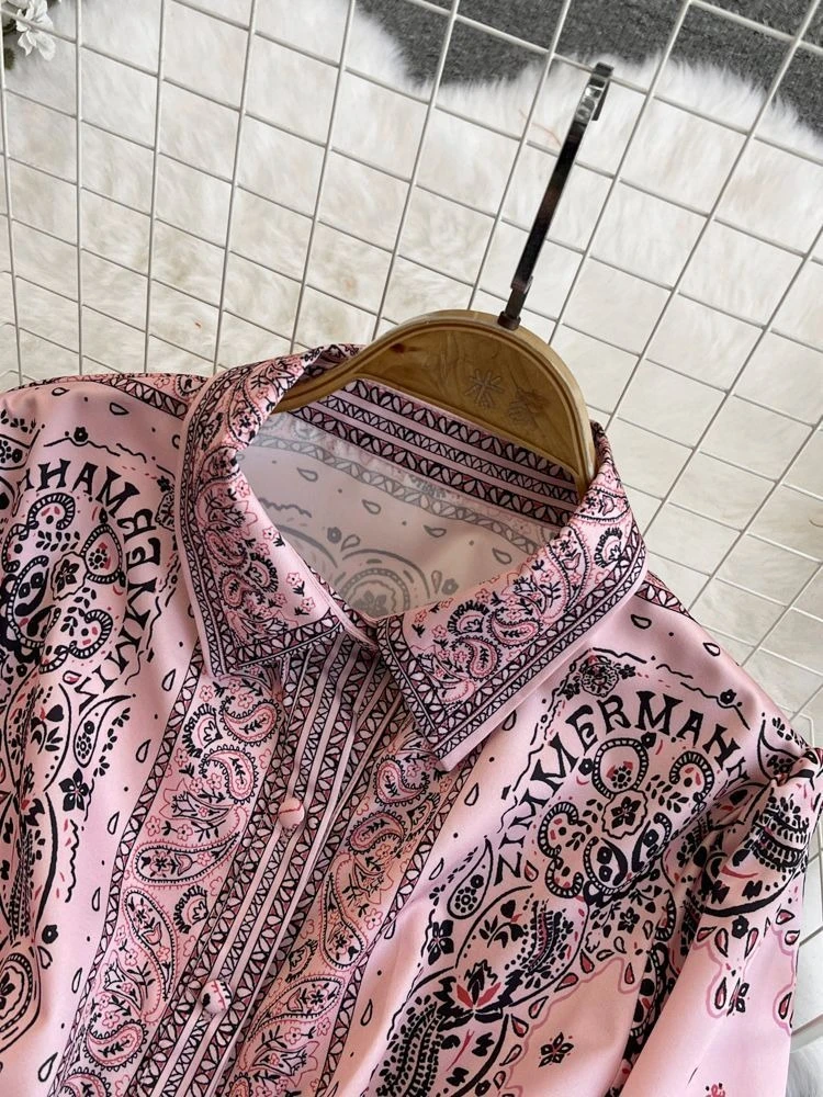 Elegant Print Shirt Dress Women 2025 Korean Style Vintage Long Sleeve Turn Down Collar Waist Belt A Line Maxi Floral Boho Outfit