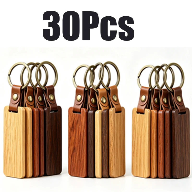 30Pcs Portable Identification Wooden Key Tag Blank, Rectangle Wood Keyring, Vintage Metal Ring Leather Strap