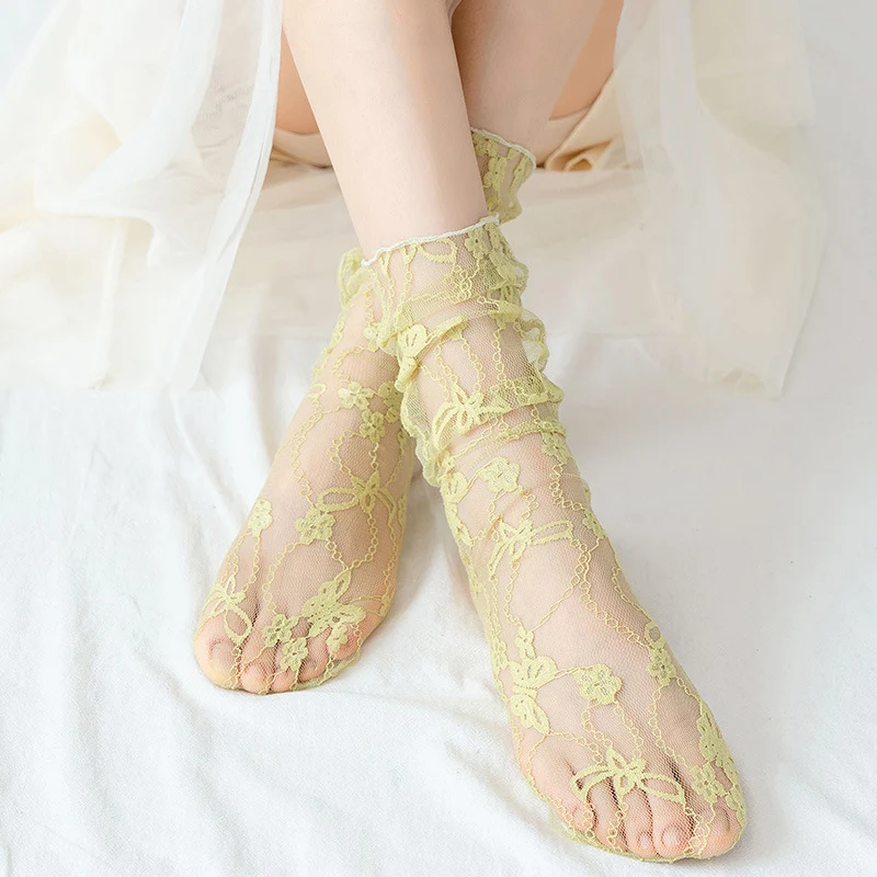 Black Floral Mesh Lace Medium Socks Women\'s Sexy Hollow Stockings Japanese Lolita Charm Girls White Princess Hosiery Sox