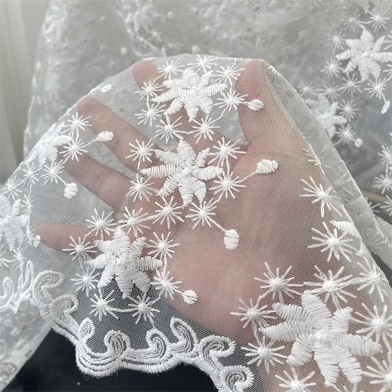 White Snowflake Tulle Embroidery Lace Fabric,Sheer Mesh Embroidered Lace for Dress Veil Bridal Gown DIY Sewing Craft Decoration