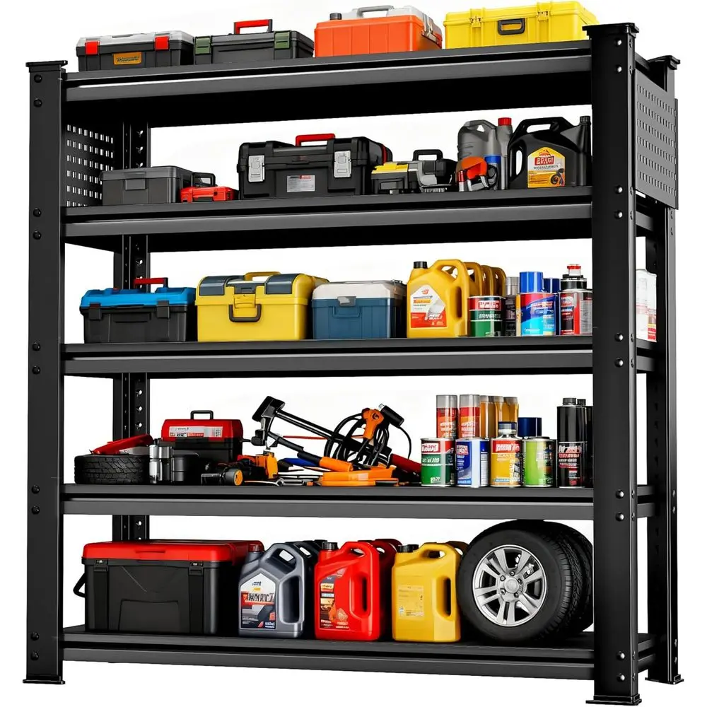 

Сверхпрочный 5-ярусный регулируемый стеллаж, 72.2x48.2x24.2 дюйма, грузоподъемность 5000 фунтов, с боковыми перфорированными панелями для гаража или склада