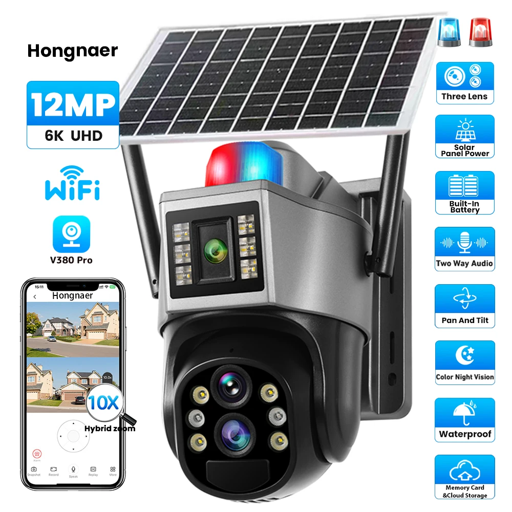 Hongnaer 12MP 6K V380 Pro 10X Zoom Three Lens Wireless Smart Solar Powered Panel CCTV PTZ Outdoor WiFi Security Solar Camera