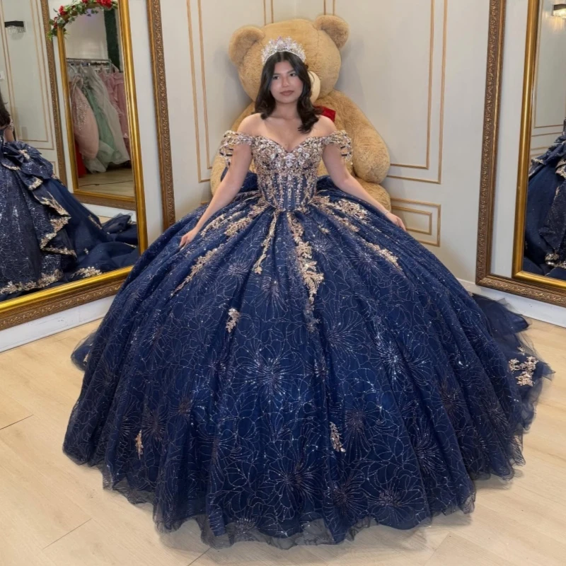 

Navy Blue Shiny Quinceanera Dresses Ball Gown Off The Shoulder Squin Applique Lace Beading Crystal Bow Tull Party Birthday Sweet