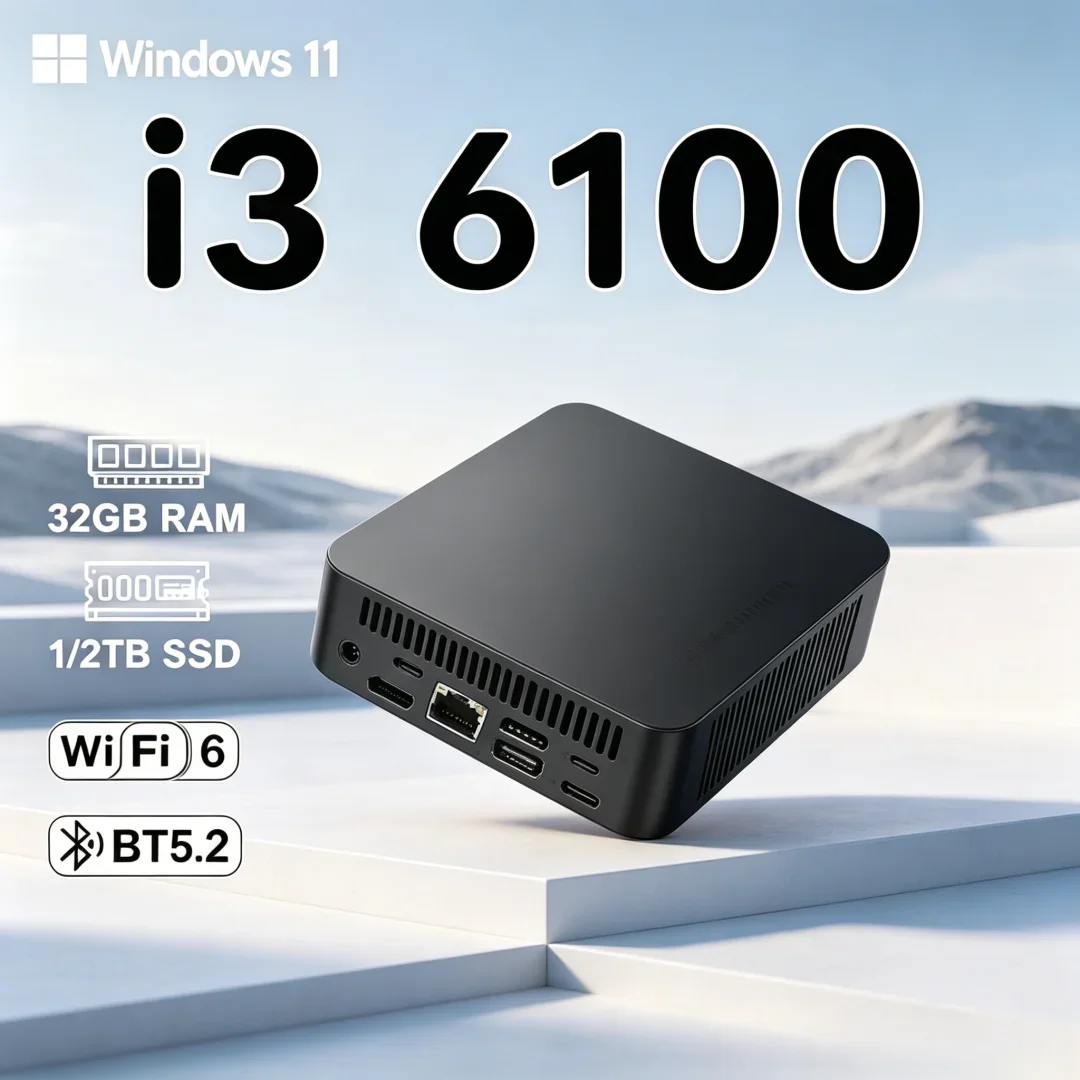 Refinado fino mini pc windows 11 pro core i3 6100 32gb ram 1tb 2tb ssd wifi 6 bt5.2 4k hd prático jogos domésticos