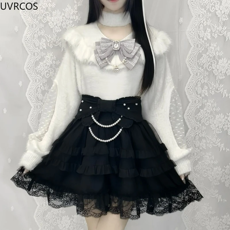 Japan Mass Production Sweet Lolita Gebreide Truien Dames Herfst Winter Wollen Parel Boog Korte Trui Zachte Harige Gebreide Jas