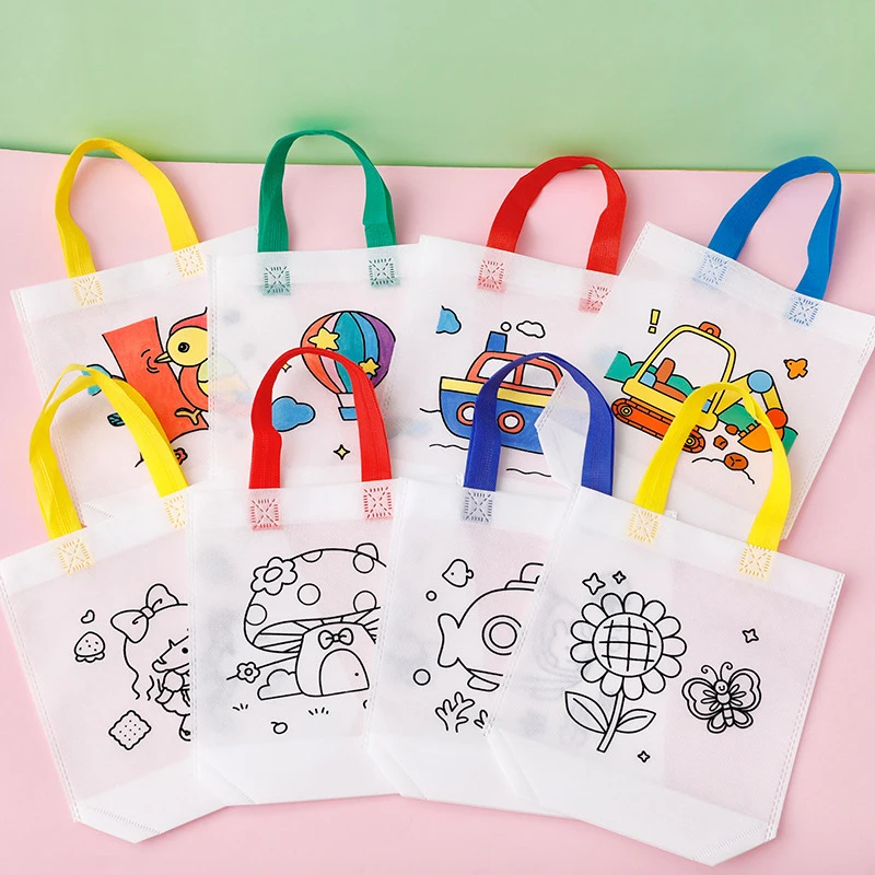 Tas tangan mewarnai gambar kartun tanpa tenun hadiah taman kanak-kanak lukisan DIY buatan tangan anak-anak