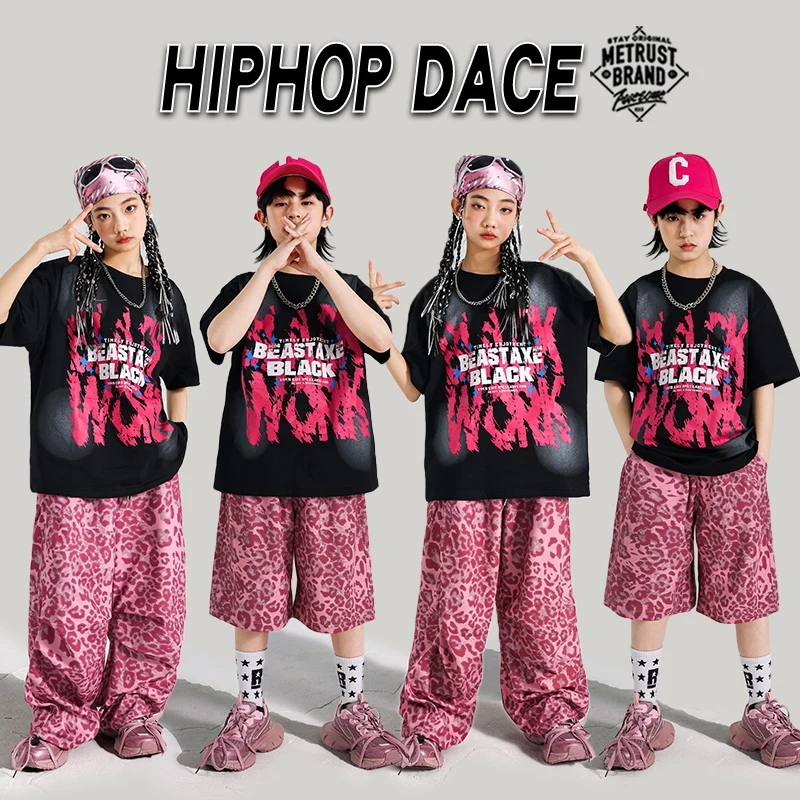 Costume de danse de rue pour enfants, ensemble Hip Hop, pantalon imprimé léopard rose, T-Shirt noir surdimensionné, tenue de Jazz pour enfants, Streetwear AMY1953
