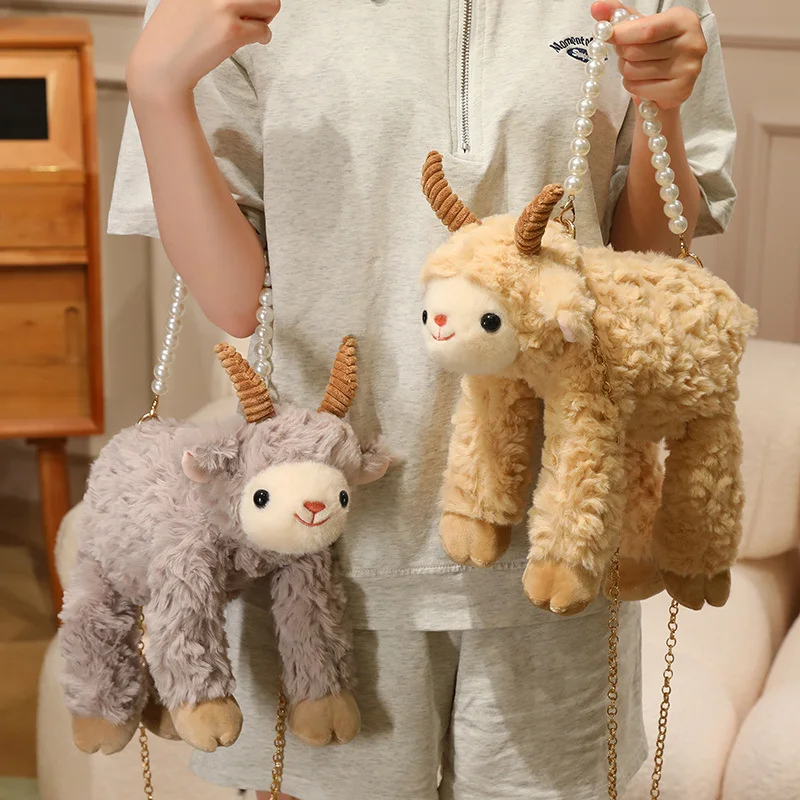 Cream Goat Stuffed Keychain with Glossy Eyes Stitched Pink Nose Gold Chain Soft Animal Charm for Backpack Decoration