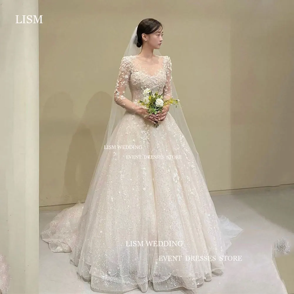 LISM Korean Princess Lace Applique Wedding Dresses Photo Shoot V Neck Long Sleeve Bridal Gown A Line 웨딩드레스 With Veil Custom Made