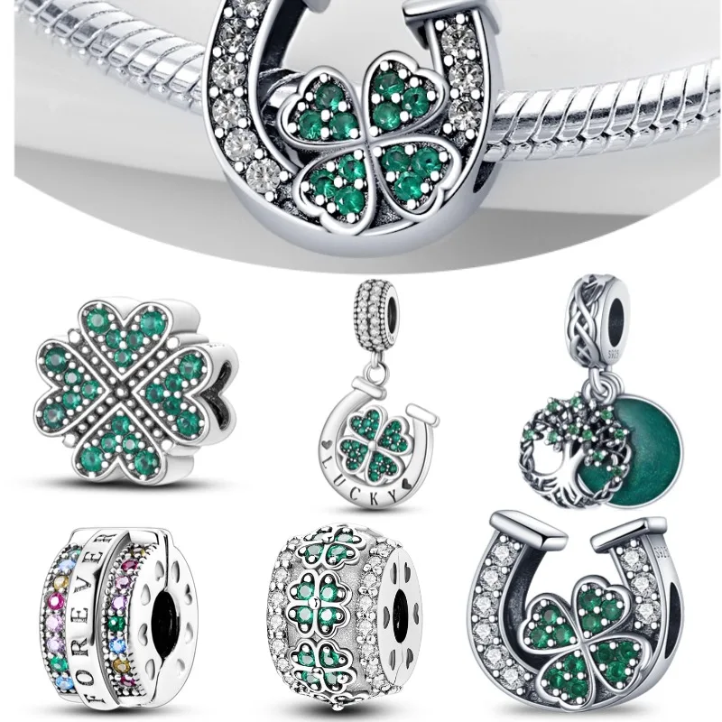 Glücksbringer-Anhänger aus 925er Sterlingsilber mit vierblättrigem Kleeblatt, perfekt für originelle Armbanddesigns und DIY-Schmuck. Ein tolles Geschenk für Frauen.