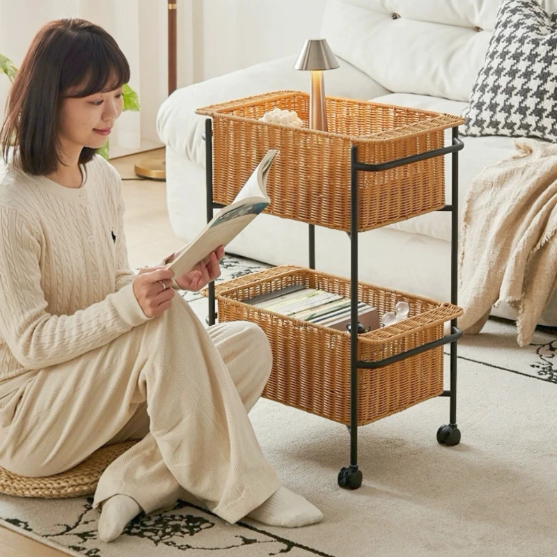

Double Layer Weaving Storage Basket Living Room Sofa Storage Rack Imitation Rattan Mobile Organize Storage Practical Small Cart