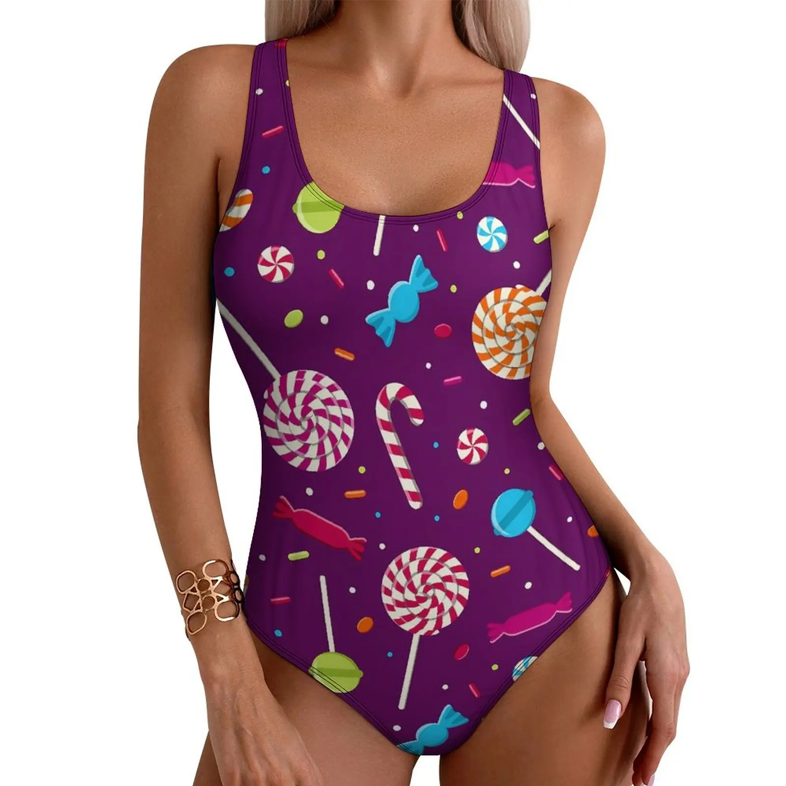 Candy Print Swimsuit Sexy Sweet Tooth Female Swimwear One Piece Fantasy Swimsuits Vacation Bath Push Up Cut Out Bathing Suit