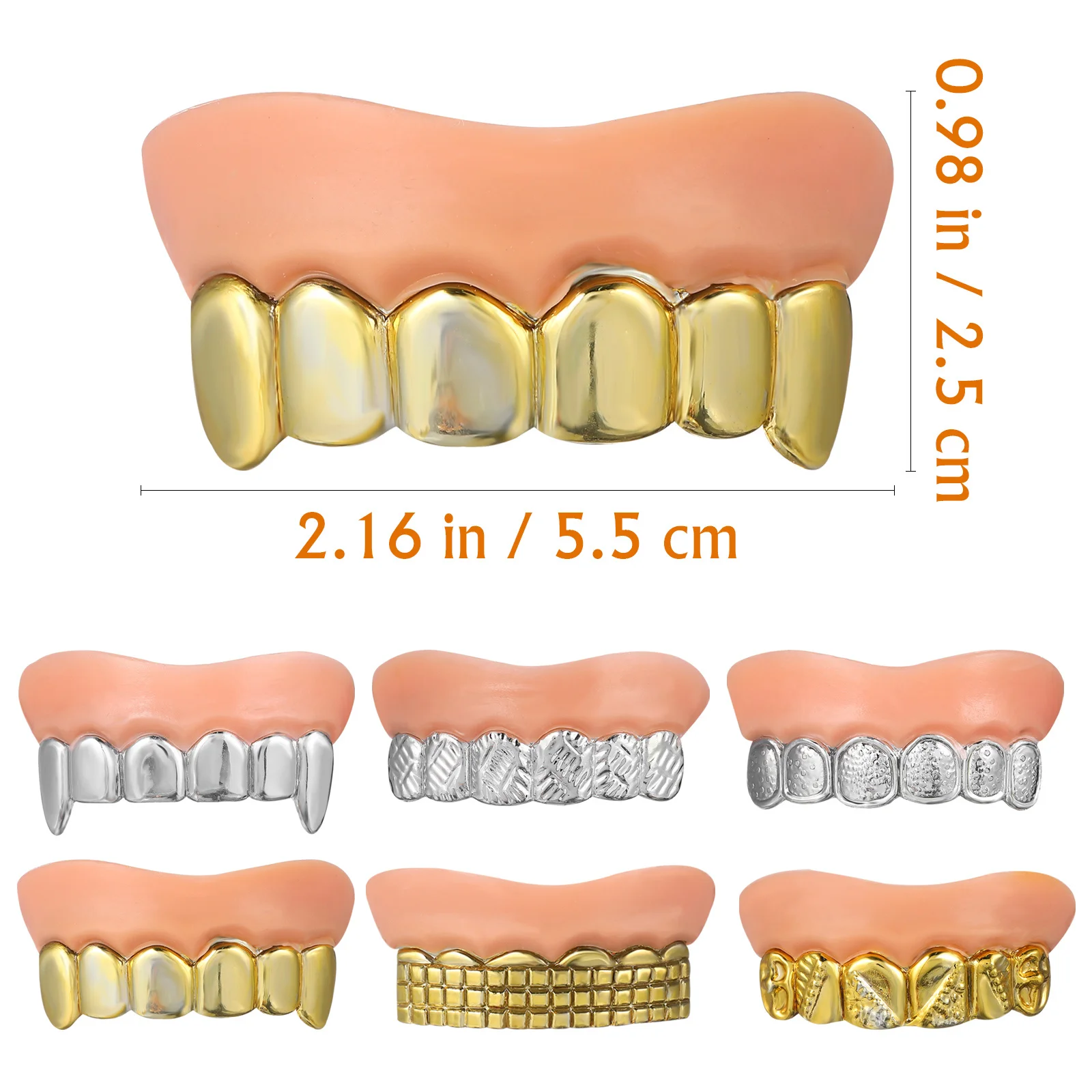 8pcs Simulated Electroplated Gold Silver Fake Teeth Zombie Fangs Halloween Costume Props for Adults Funny Vampire Dentures