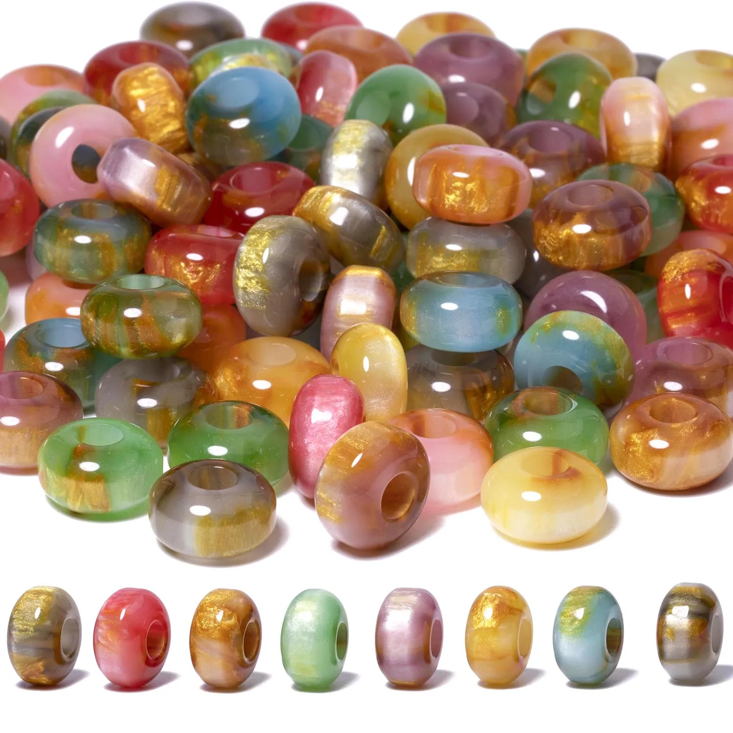 14x8mm Wheel Shape Forest Color Scheme Resin Beads Golden Glitter Big Hole Beads for DIY Ethnic Clothing Decorations Pendant