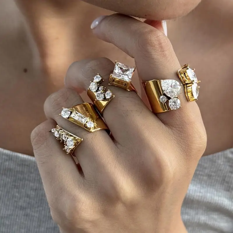 Geometric Zircon Open Rings For: Women Gold PVD Plated Stainless Steel Rhinestone Crystal Shiny