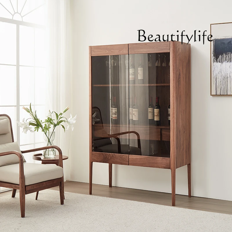 

North American black walnut wine cabinet living room Italian light luxury wall high-grade solid wood glass door cabinet