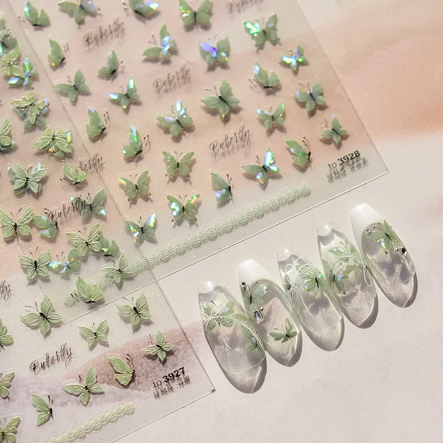 1 stücke Shiny Shell Hellgrün Schmetterling Nail art Aufkleber Kawaii Acryl Schmetterling Selbstklebende Slider Für Nägel DIY Zubehör