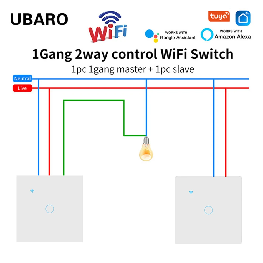 UBARO EU Tuya Wifi Stair Touch Switch Glass Panel Multi Sensor Button Alexa Voice Control Smart House Cross Switch  1 Gang 2 Way