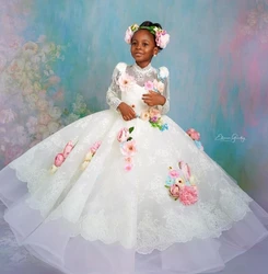 Lace African White Flower Girl Dresses Ball Gown Long Sleeves Baby Little Girl Peageant Dress Gowns For Black Girls Customized