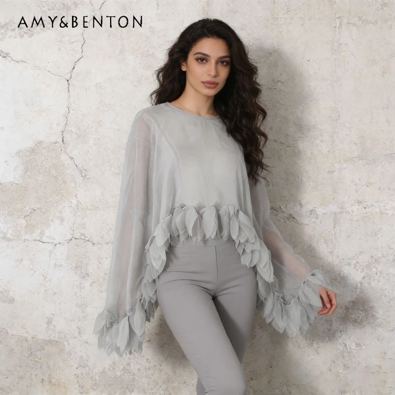 

Temperament Wind Gray Perspective Mesh Women's Top 2026 Summer New Loose A-line Irregular Three-dimensional Petal Shirts Ladies