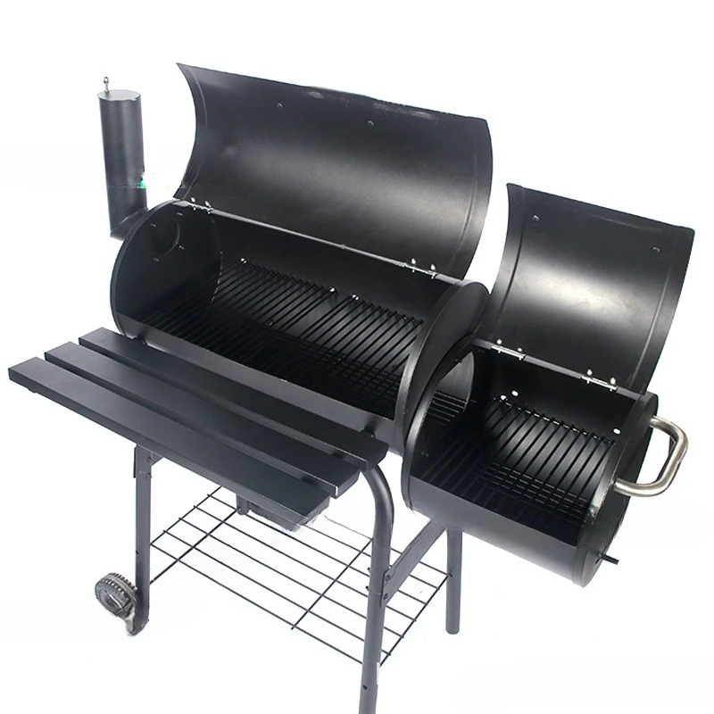 Offset Charcoal Smoker Grill Double Barrel Dual Chamber Outdoor BBQ Grill with Side Table Wheels