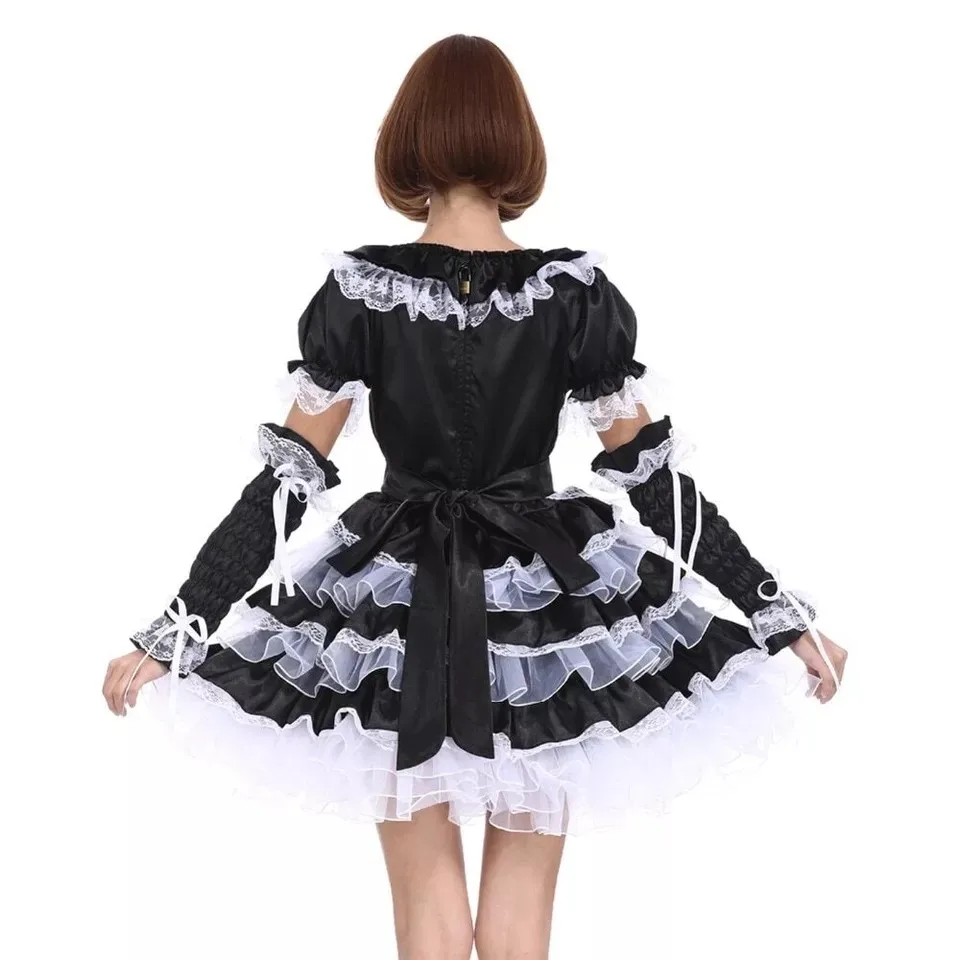 Sissy Black Maid Satin Cosplay Lockable Sexy Lace Dress Costume Halloween customized