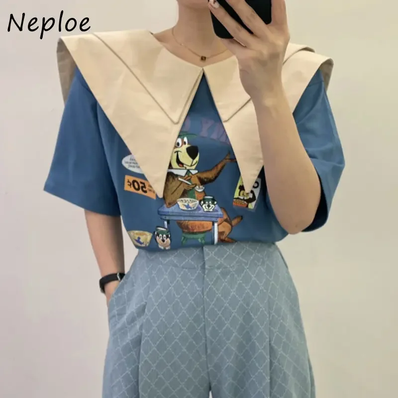 Neploe Femme Retro Tops 2024 Summer Temperament Double-Layer Pointed Neck Tees Cartoon Printting Short Sleeve Simple T-Shirt