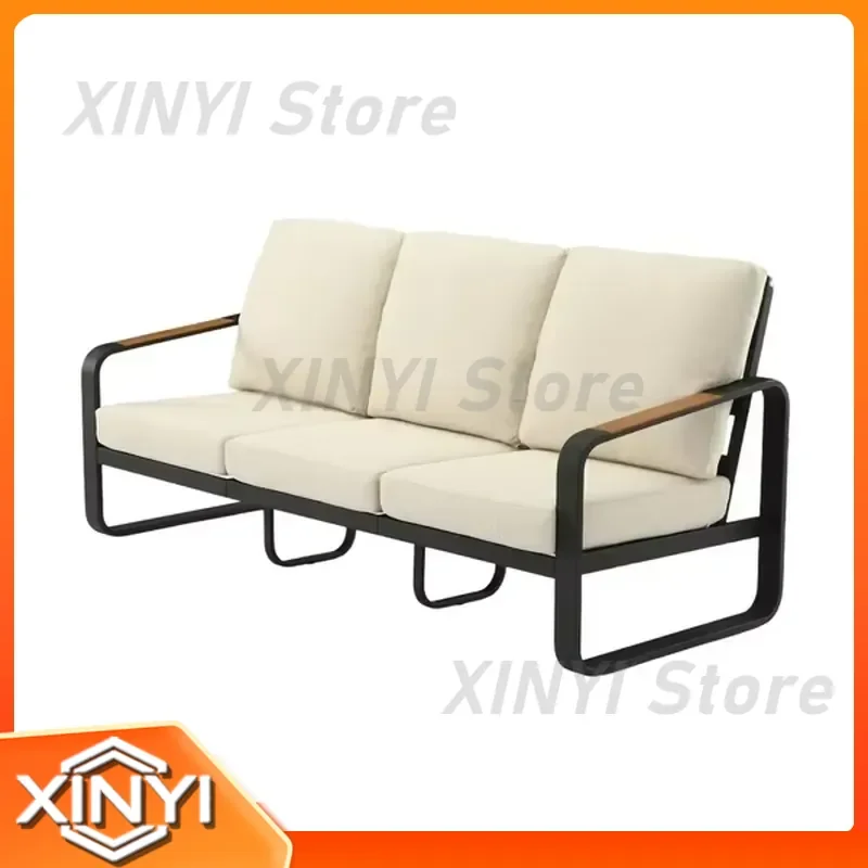Outdoor 3 Seater Sofa for Patio Furniture Tall Back 62cm Oversized Seat Black Metal Frame Wood Armrests PET Fabric Cushions